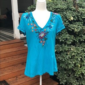 Johnny Was turquoise embroidered short sleeve top